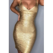Lovely Sexy Spaghetti Strap V Neck Gold Mini Dress