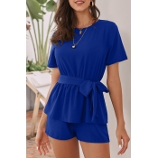 Lovely Casual Lace-up Blue One-piece Romper