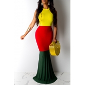 Lovely Casual O Neck Patchwork Yellow Floor Length