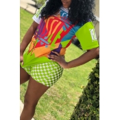 Lovely Casual Printed Plaid Green Two-piece Shorts