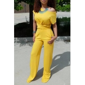 Lovely Casual One Shoulder Lace-up Yellow Two-piec