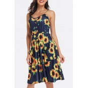 Lovely Casual Spaghetti Straps Sunflower Printed D