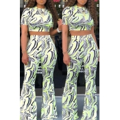 Lovely Casual O Neck Printed Green Two-piece Pants