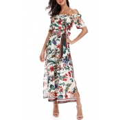 Lovely Bohemian Off The Shoulder Floral Printed Wh