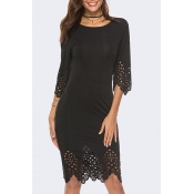 Lovely Casual O Neck Hollow-out Black Knee Length 