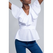 Lovely Stylish V Neck Ruffle White Blouse