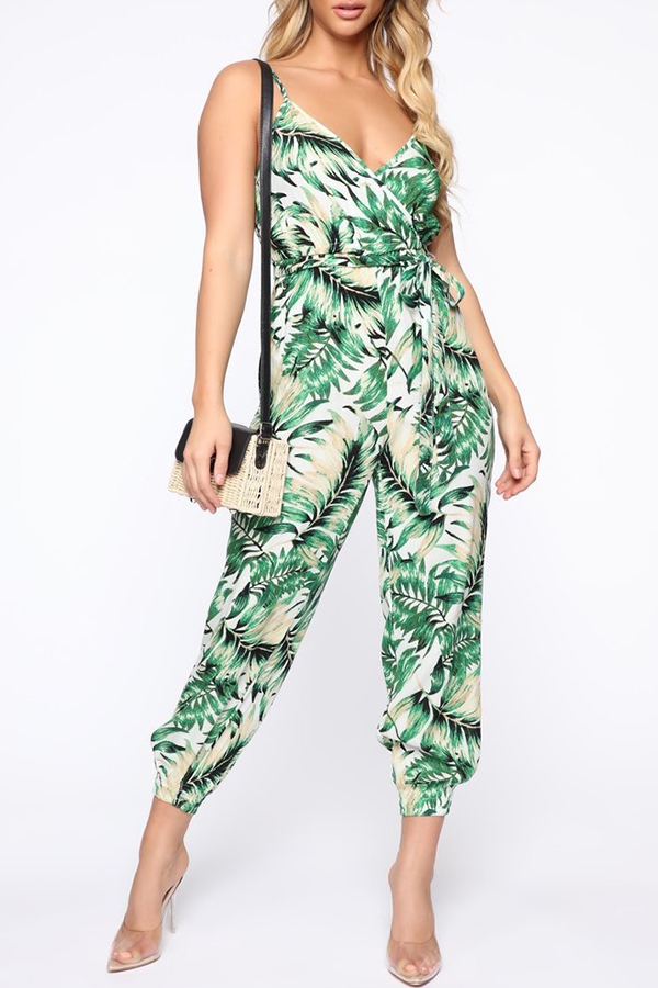 

Lovely Stylish Spaghetti Straps Floral Printed Green One-piece Jumpsuit