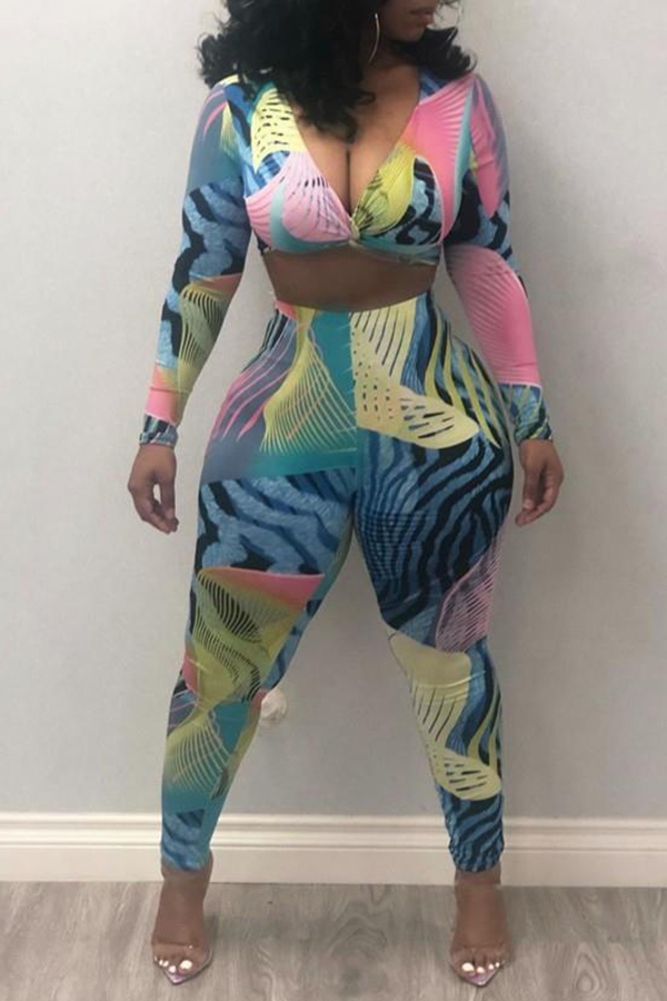 

Lovely Casual V Neck Printed Blue Two-piece Pants Set