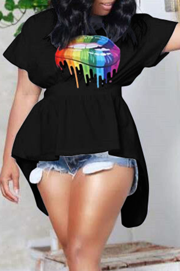 

Lovely Casual O Neck Printed Asymmetrical Black Blouse