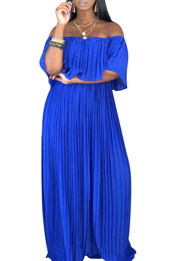 Sweet Ruffle Zipper Short Sleeve Blue Dress
