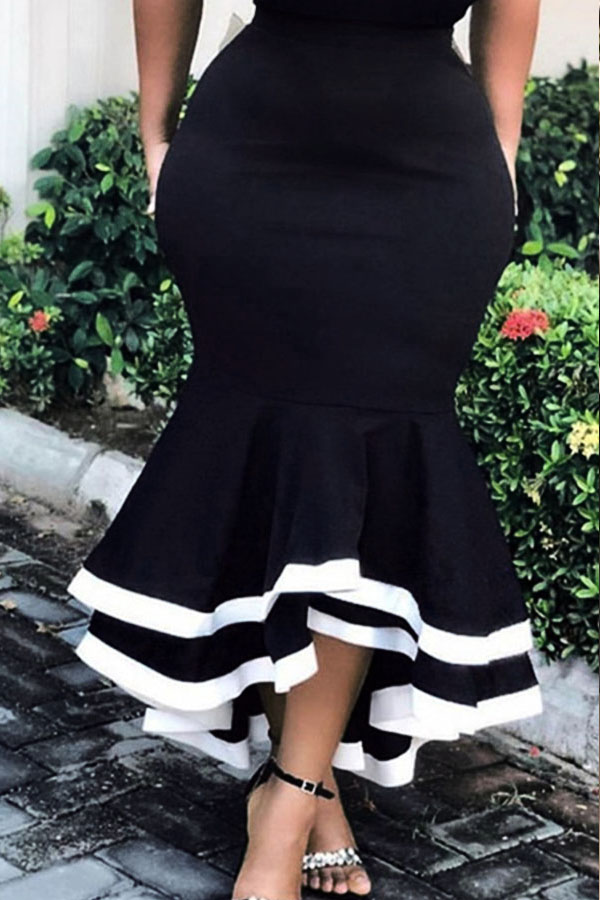 

Lovely Sweet Ruffle Patchwork Black Mid Calf Skirt