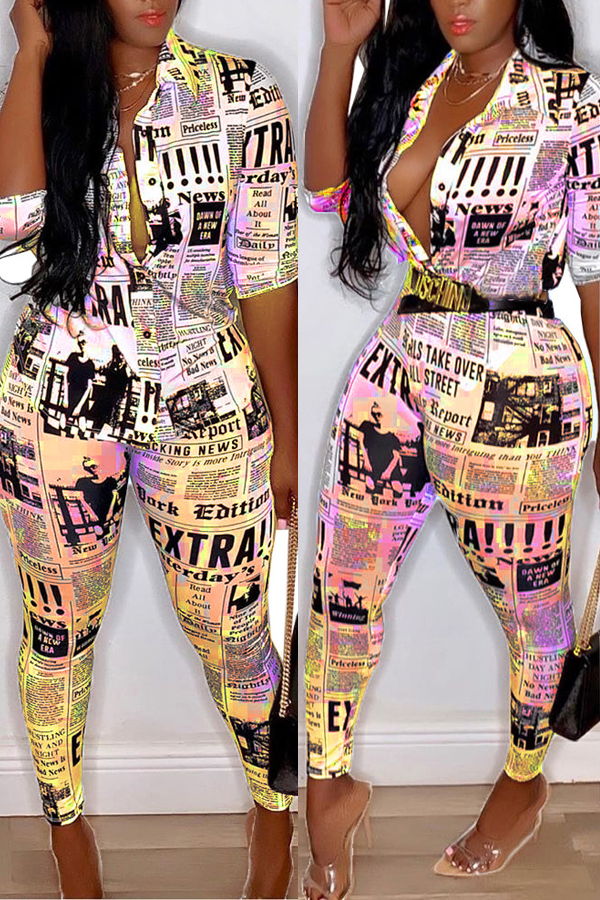

Lovely Casual V Neck Letter Printed Yellow Two-piece Pants Set(Without Belt