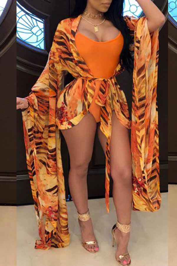 

LW U Neck Animal Print One-piece Swimsuit (With Cover-up), Orange