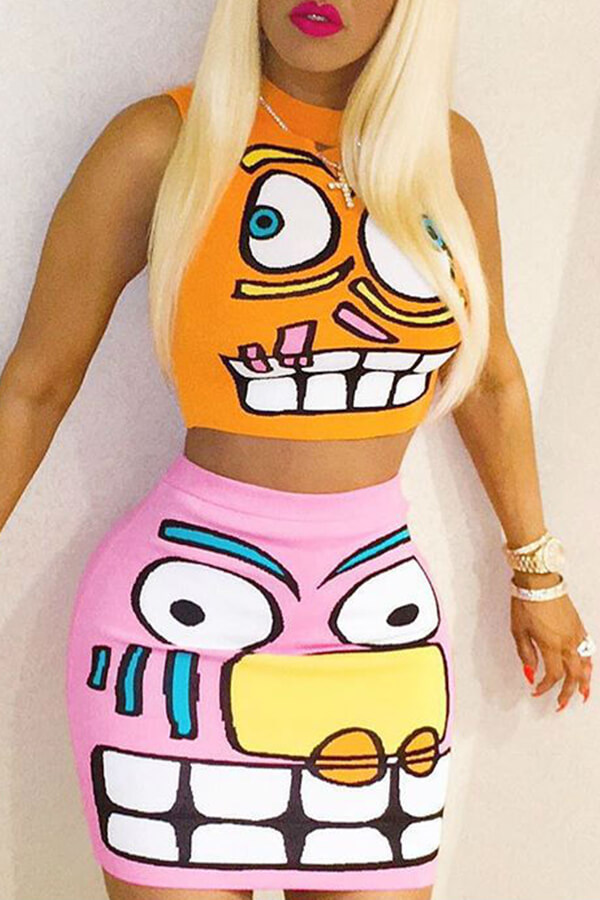 

Lovely Casual O Neck Cartoon Printed Multicolor Two-piece Skirt Set, Multi