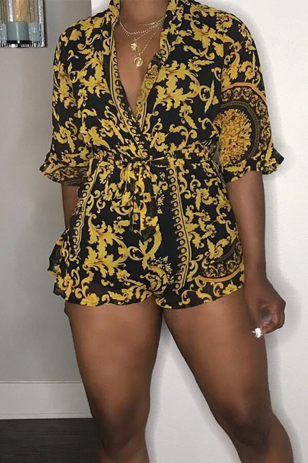 

Lovely Casual V Neck Printed Black One-piece Romper