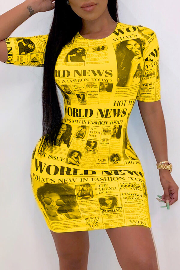 

Lovely Casual O Neck Letter Printed Yellow Mini Dress