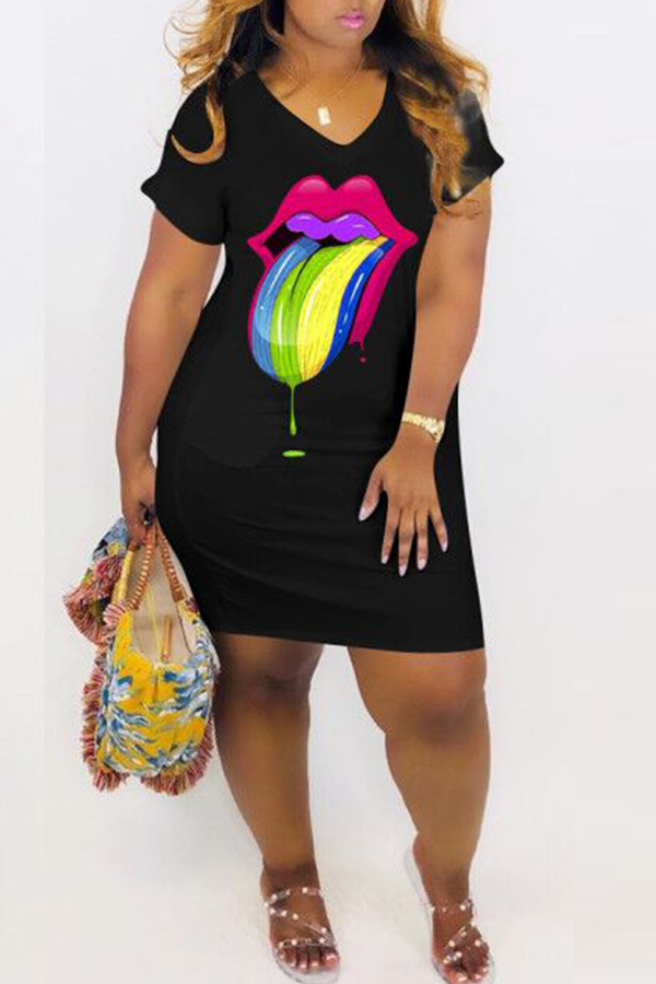 

Lovely Casual Lip Printed Black Mini Dress