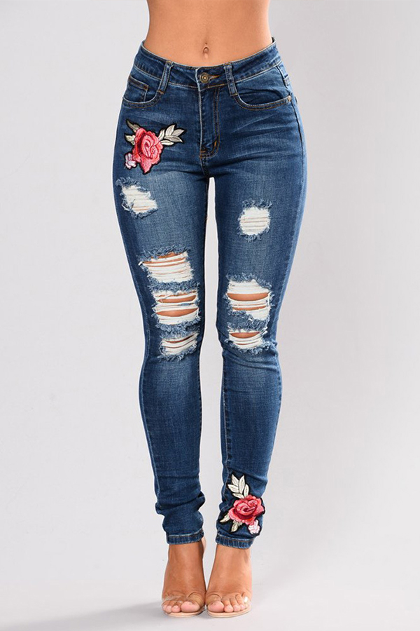 

Lovely Chic Embroidered Design Deep Blue Jeans