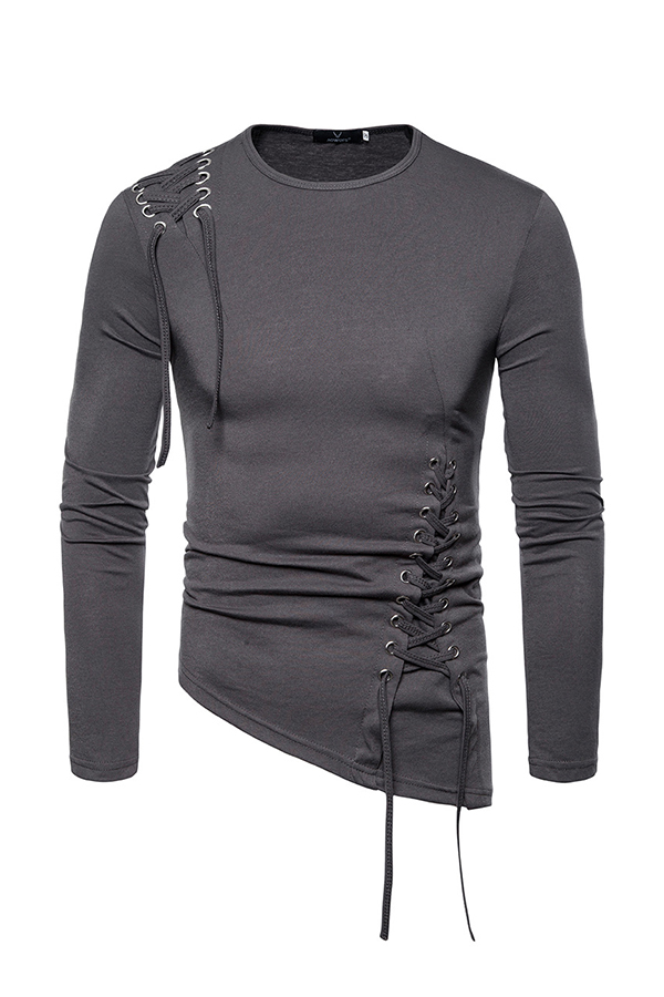

Lovely Trendy O Neck Drawstring Design Deep Grey T-shirt, Dark grey