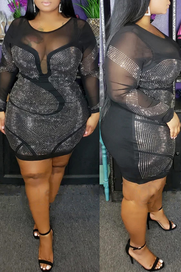 Lovely Sexy See-through Patchwork Black Mini Plus Size Dress