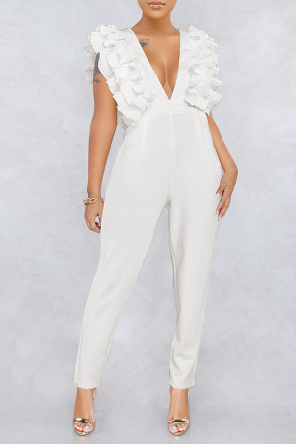 Lovely Trendy Hollow-out Flounce Design White One-piece Jumpsuit