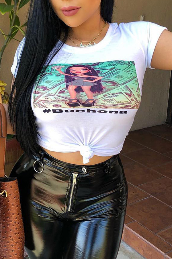 Lovely Trendy O Neck Printed White T-shirt