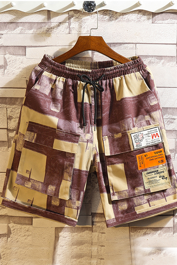 

Lovely Casual Patchwork Printed Wine Red Shorts