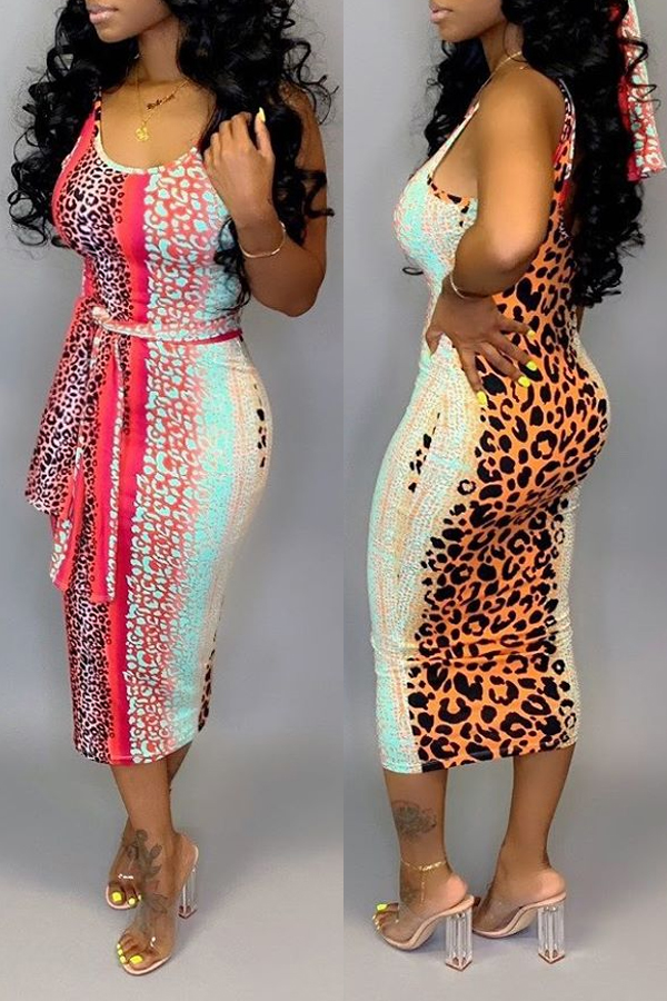 

Lovely Casual Spaghetti Straps Leopard Printed Multicolor Knee Length Dress(With Belt, Multi