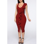 Lovely Stylish U Neck Ruffle Patchwork Wine Red Mi