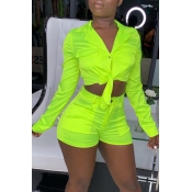 Lovely Casual V Neck Green Two-piece Shorts Set
