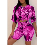 Lovely Casual O Neck Printed Rose Red Two-piece Sh