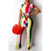 Lovely Casual O Neck Striped Bandage Red One-piece