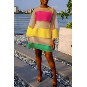 Lovely Casual O Neck Gauze Striped Patchwork Multi