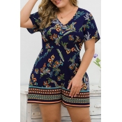 Lovely Bohemian V Neck Printed Navy Plus Size One-