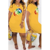 Lovely Casual V Neck Printed Yellow Mini Dress