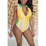 Lovely Patchwork Zipper Design Yellow One-piece Sw