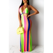 Lovely Sexy Halter Neck Striped Hollow-out Multico