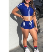 Lovely Casual Hooded Collar Patchwork Blue Two-pie