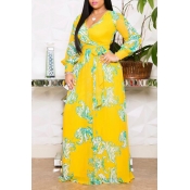 Lovely Stylish V Neck Printed Yellow Floor Length 