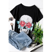 Lovely Casual O Neck Skull Printed Black Plus Size