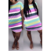 Lovely Casual O Neck Striped Multicolor Mini Print