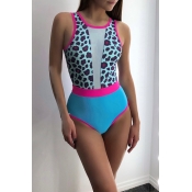 Lovely Printed Patchwork Blue One-piece Swimwear