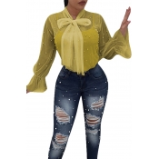 Lovely Chic See-through Yellow Blouse(With Lining)