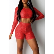 Lovely Chic O Neck Sequined Decorative Red Two-pie