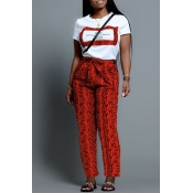 Lovely Leisure O Neck Printed Red Two-piece Pants 