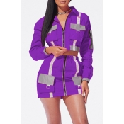 Lovely Trendy Turndown Collar Pockets Design Purpl