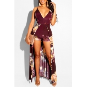 Lovely Casual Asymmetrical Printed Wine Red One-pi