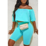 Lovely Casual Dew Shoulder Sky Blue Two-piece Shor