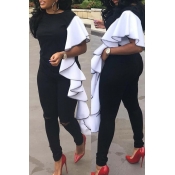 Lovely Stylish Flounce Design Patchwork Black Blou