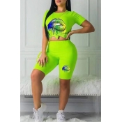 Lovely Casual Lip Printed Green Two-piece Shorts S